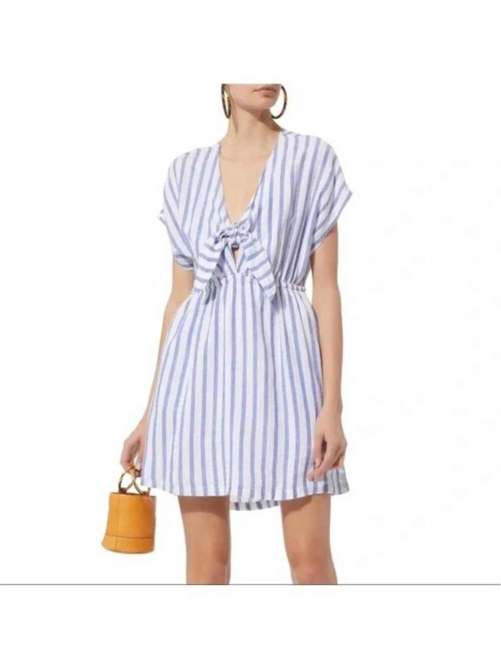 Rails Size S Blue White Stripe Charlotte Linen Blend V-Neck Tie Front Mini Dress